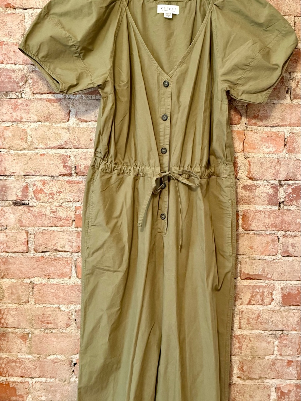 Velvet by Graham & Spencer Olive Green Button-Front Jumpsuit w Drawstring Waist